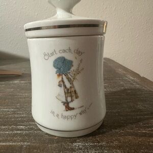 Vintage White Ceramic Jar with Holly Hobby Design